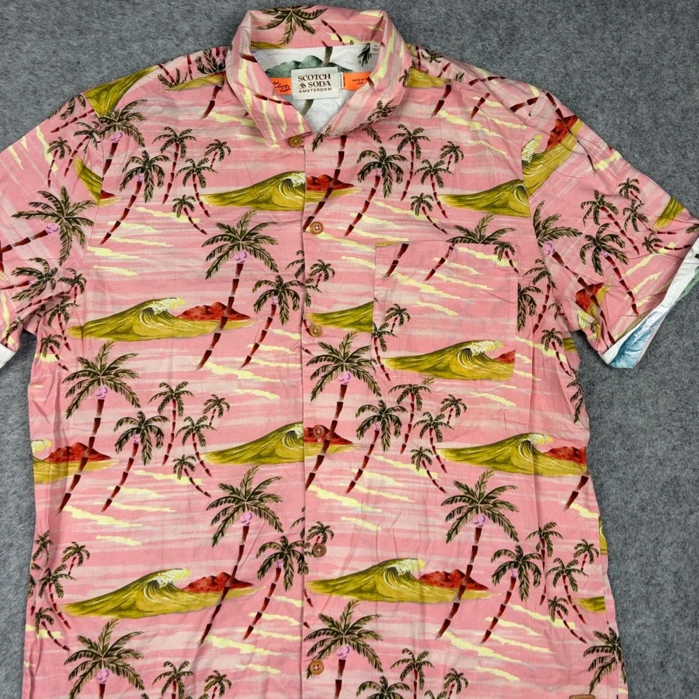 Scotch & Soda Button Up Shirt Mens XL Pink Palm Tree Tropical Wave Surf Print